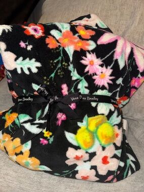 Vera Bradley Black Floral Fleece Throw with Mint and Pink Accents